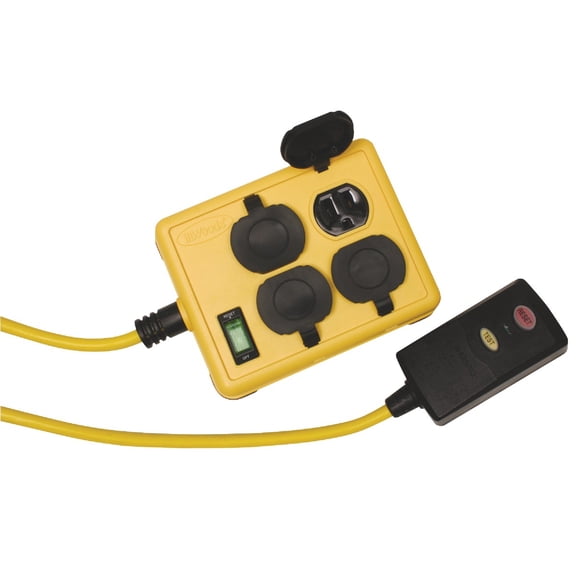 Woods 2516 Coleman Duplex Right Angle Quad Box with Gfci; 125 V; 15 A; 14/3 Awg Sjtw; Gauge; Yellow