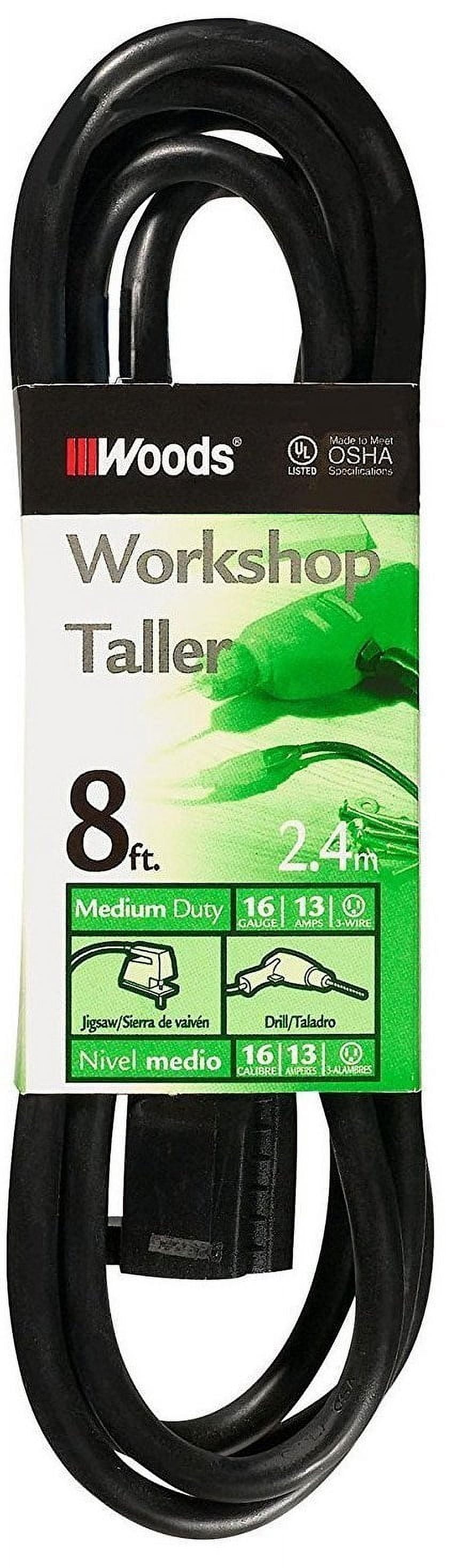Woods 260 General Purpose Garage and Workshop Extension Cord, 16/3 SJTW Medium Duty, Black 8'