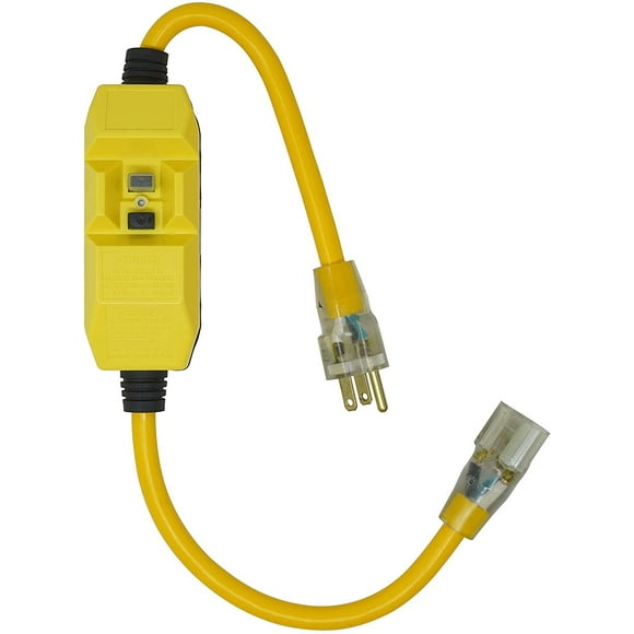 Woods 2817 Jacket Contractor Grade SJTW Super Flexible Extension Cord With In-Line Gfci And Lightened End, 3 12 Awg, 15 A, 1-Outlet, Yellow