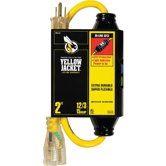 Woods Extension Cord Yellow Jacket SJTW - GFCI, 12 AWG, 15A, 1 Outlet, Yellow