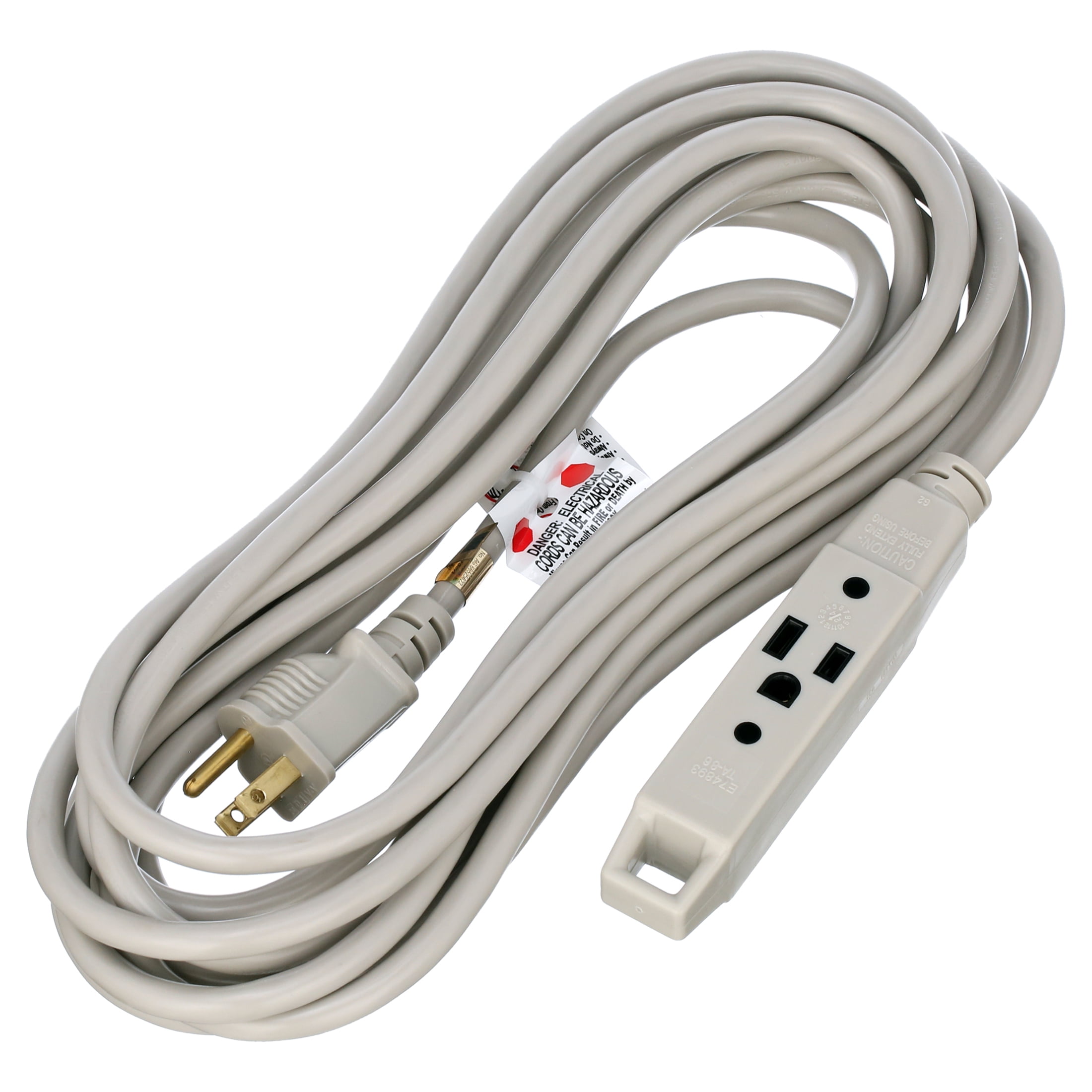 Woods 20-Foot 3-Outlet Extension Cord With Power Tap - 13 Amp, 125 Volt, Gray Indoor Cord