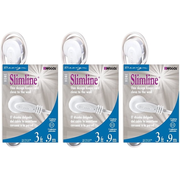 Woods 3-PACK - SlimLine 2235 Flat Plug Extension Cord, 2-Wire, White, 3 ...