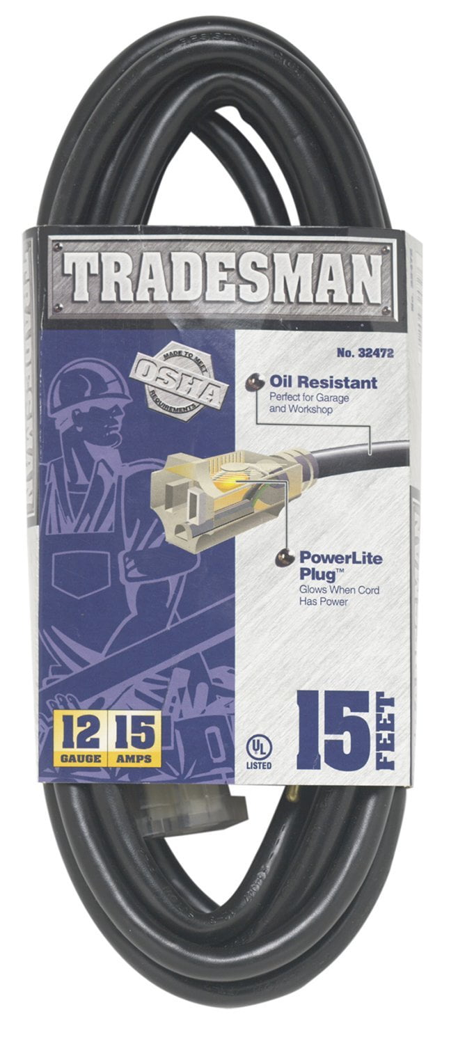 Woods 32472 12/3 15' Black Sjtow Heavy Duty Extension Cord For Indoor/Outdoor Use