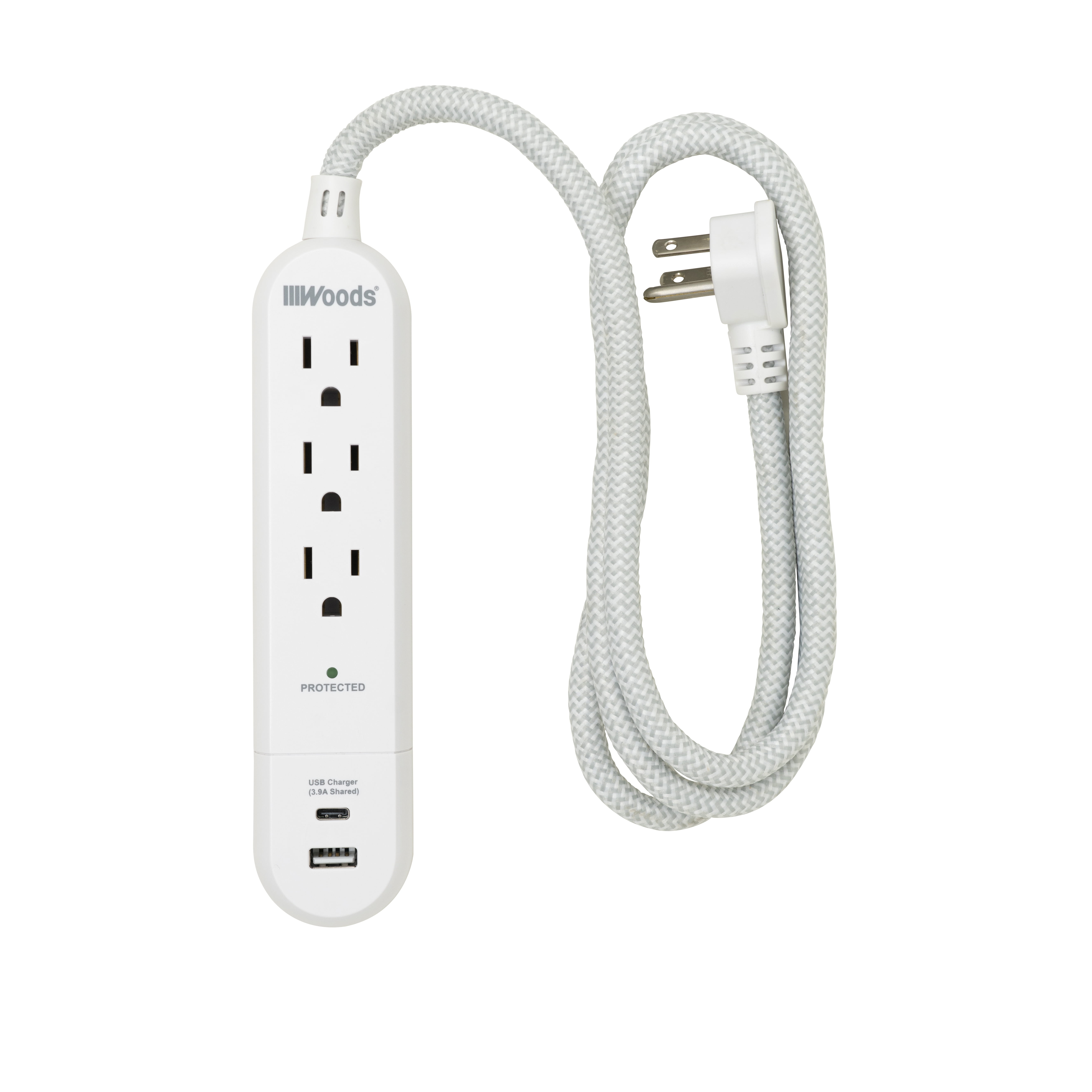 Woods 41026 3-Outlet Surge Protector with 3.9A USB-A & USB-C Charger, 250 Joules of Surge Protection and 4' Braided Fabric Cord