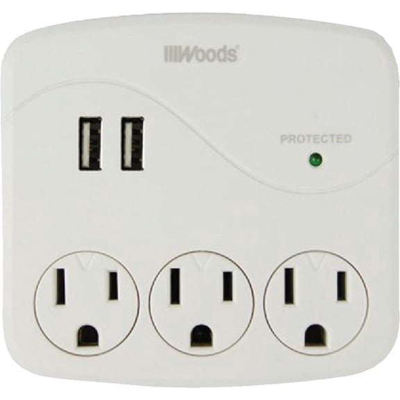 Woods 41029 3 Outlet Surge Tap With 2 USB Ports; 560 Joules of Protection; White