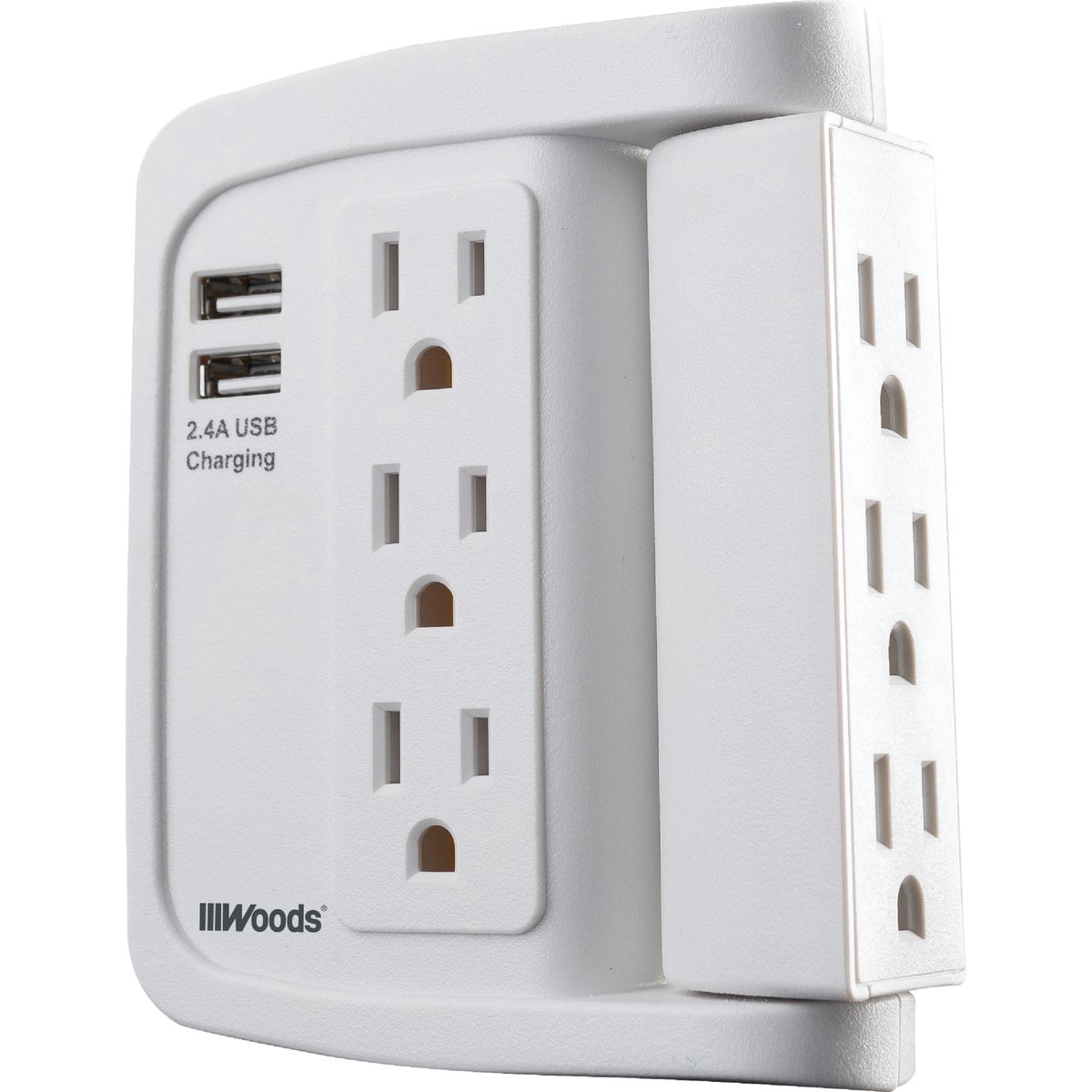 Woods 41423 Space-Saving Power Adapter Surge Protector With 6 Outlets In Which 90 For 1440J Of Protection, White