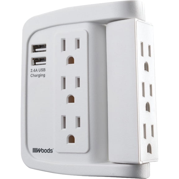 Woods 41423 Space-Saving Power Adapter Surge Protector With 6 Outlets In Which 90 For 1440J Of Protection, White