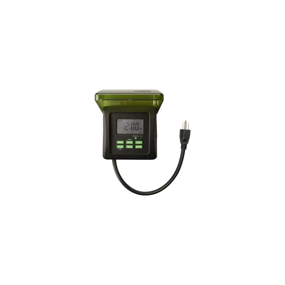 Woods 50015WD Outdoor 7-Day Heavy Duty Digital Plug-in Timer, 2 Grounded Outlets, Weatherproof, Perfect for Automating Holiday/Christmas Lights, Energy Saving Precision Programming, Black & Green