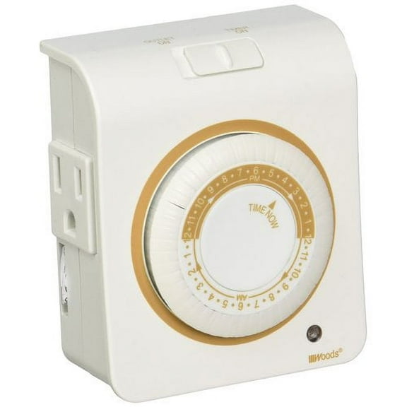 Woods 50021WD White Mechanical Timer 24 Hour Programmable 2 Outlet