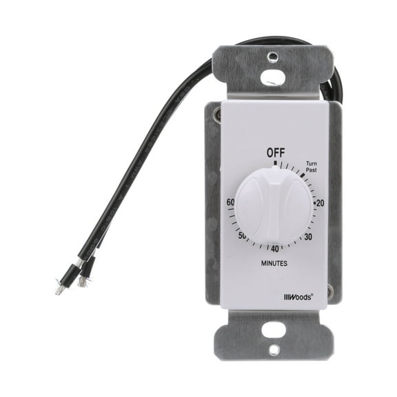 Woods 59723WD 60-Minute In-Wall Mechanical Spring Wound Timer with White & Light Almond Faceplates, Fits Standard Decorate Wall Plate