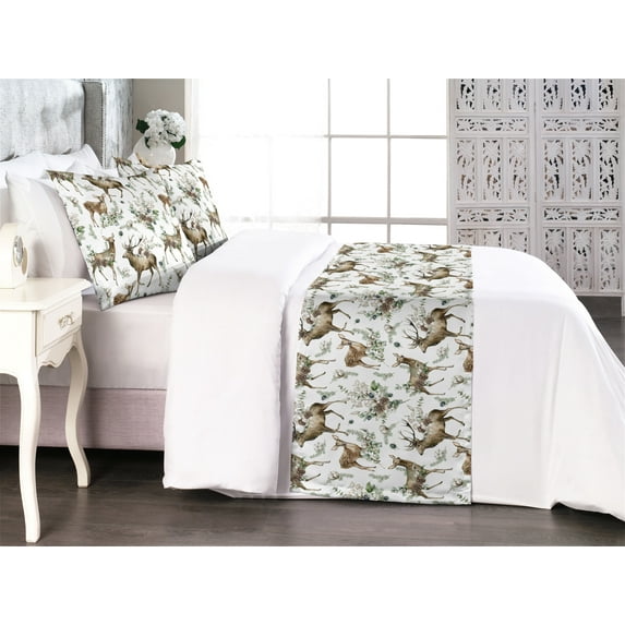 Woods Bed Runner Set, Antler Reindeer with Flowers Blossoming Spring Season Foliage Art, Decorative Bedding Scarf & 2 Pillow Shams for Hotels Homes, King, Brown Laurel Green and White, by Ambesonne