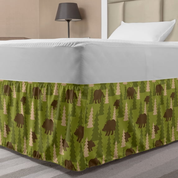 Woods Bed Skirt, Continuous Pattern with Bear in Pine Tree Forest, Elastic Bedskirt Dust Ruffle Wrap Around for Bedding Decor, 4 Sizes, Olive Green Chocolate, by Ambesonne