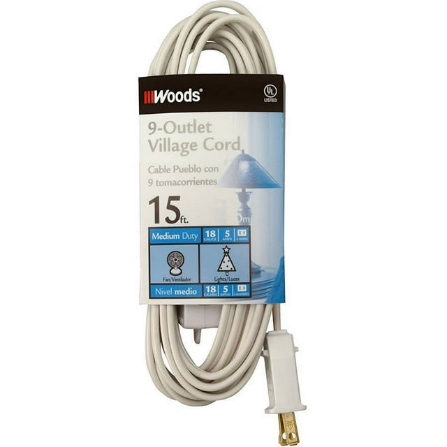 Woods Extension Cord with Switch, 9Outlet, 15Foot, White
