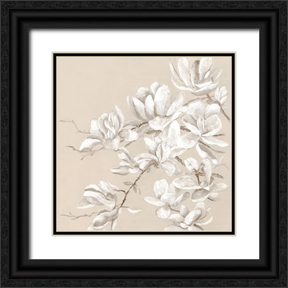 Woods, Maya 12x12 Black Ornate Wood Framed with Double Matting Museum Art Print Titled - Neutral Magnolia II