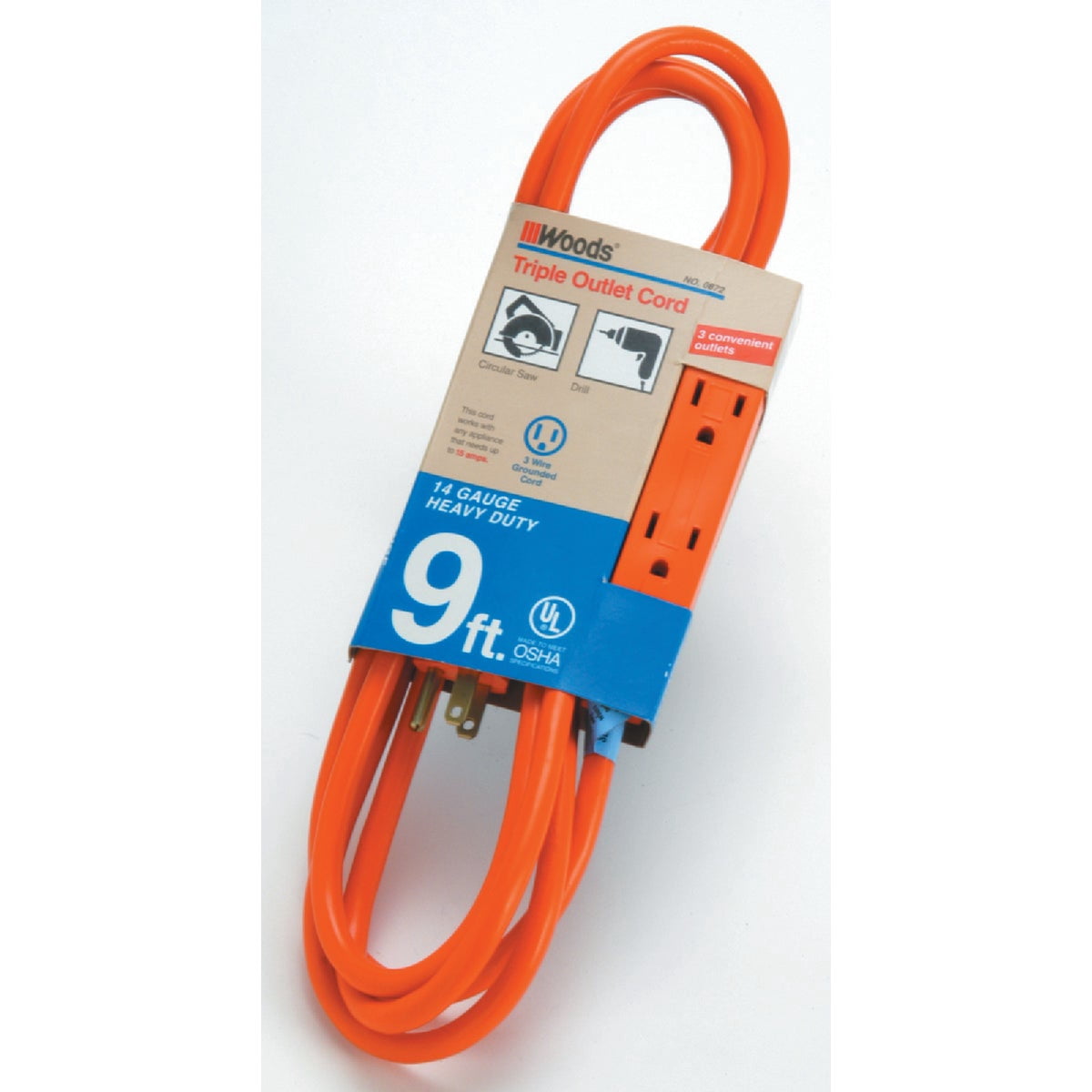 Woods Medium Duty Extension Cord - Designed for Indoor or Outdoor General Use - 14-Gauge Wire - 3 Conductor - 3-Outlets - SJTW Rated - Molded Power Taps - 9-Foot Orange Cord