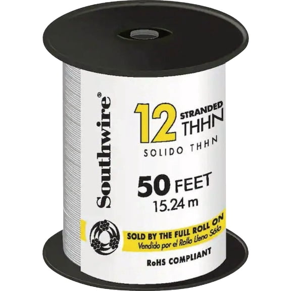Woods Southwire 22965851 50-Feet 12-Gauge Stranded Thermoplastic High Heat Resistant Nylon Jacket THHN Multi-Purpose BuildingWire, White