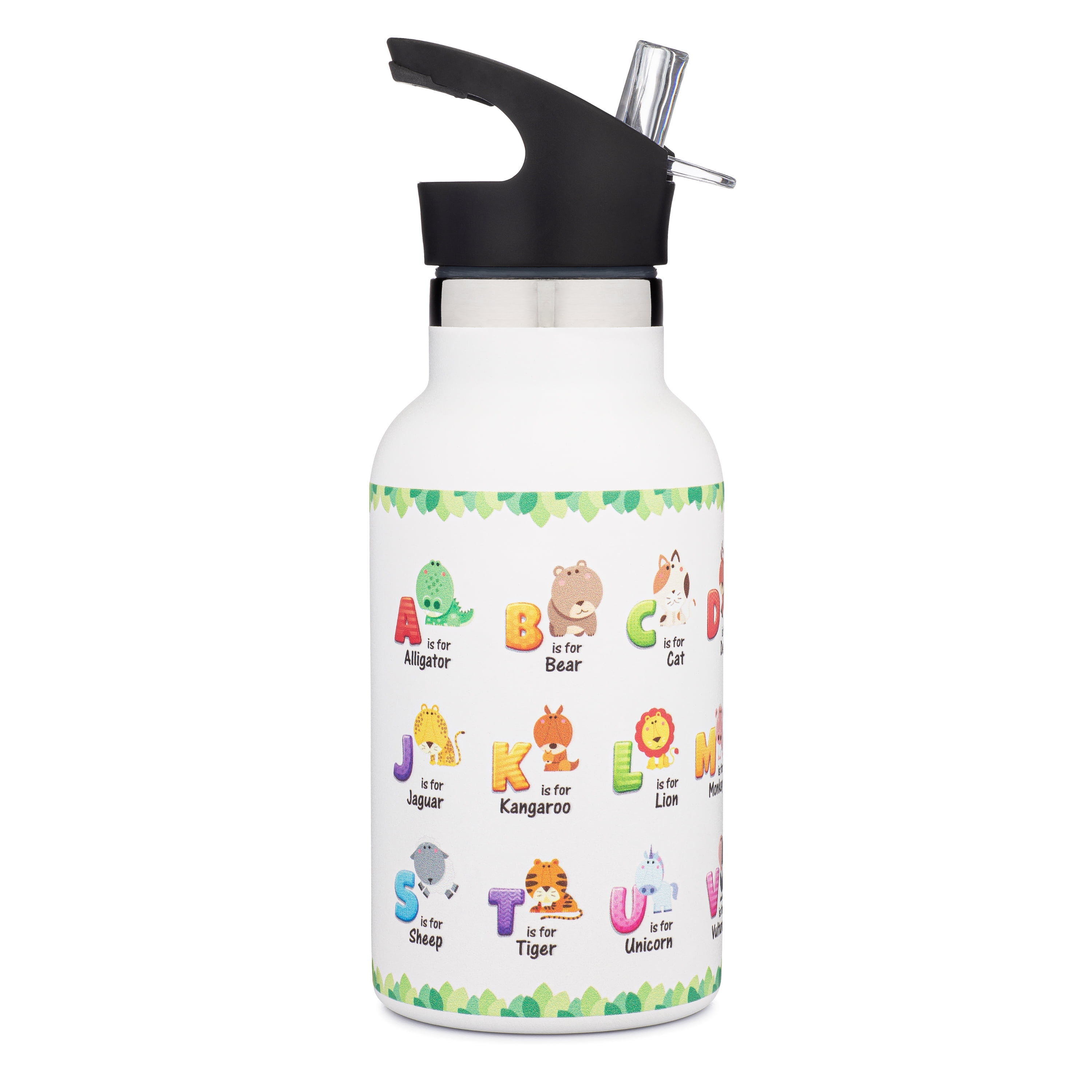 Woods Throne 12 ounce kids learning water bottle with leak proof straw