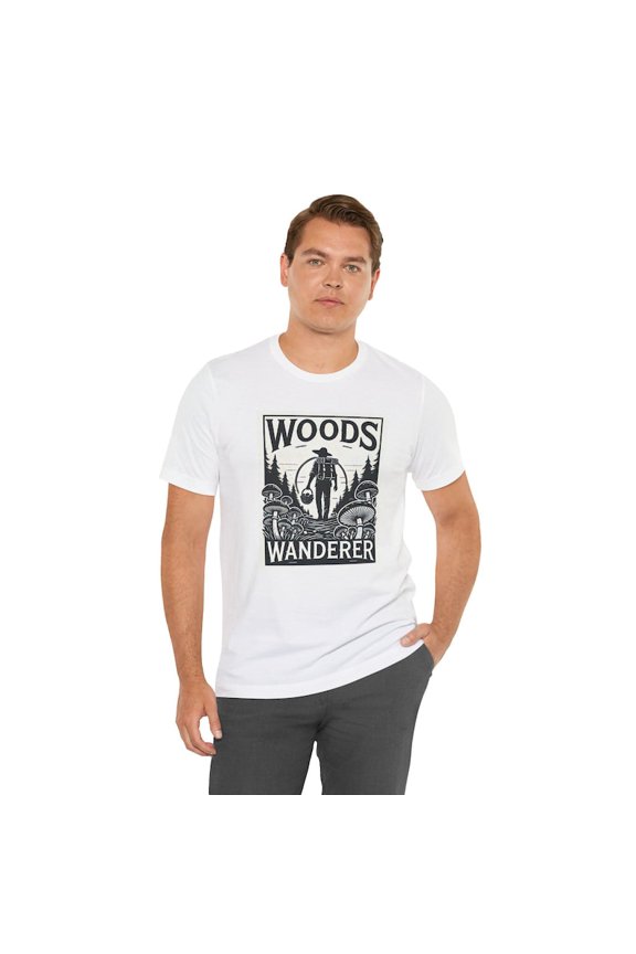 Woods Wanderer Mushroom Forager T-Shirt, Forest Adventure Nature Lover Graphic Tee, Vintage Woodland Hiking Shirt, Outdoor Unisex T-Shirt