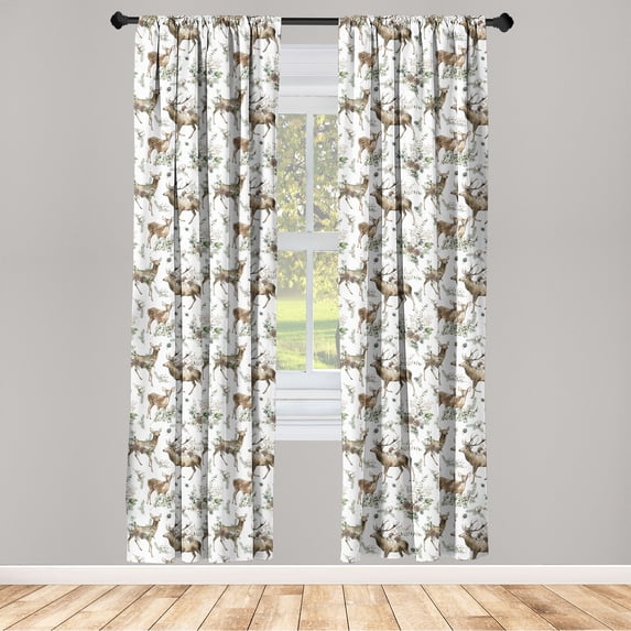 Woods Window Curtains, Antler Reindeer with Flowers Blossoming Spring Season Foliage Art, Lightweight Decor 2-Panel Set with Rod Pocket, Pair of - 28"x63", Brown Laurel Green and White, by Ambesonne