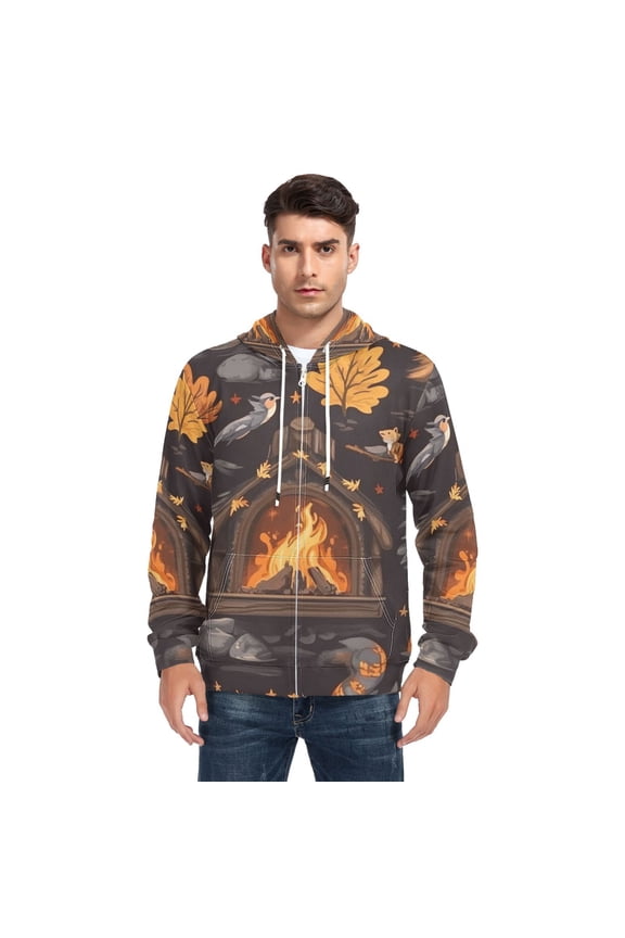 Woods and Bonfires Cartoon Men’s Hoodies Sweatshirt with Full Zip Pockets Fleece Jackets