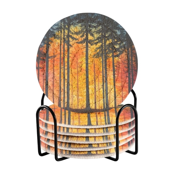 Woods and Sunset Watercolor Drink Coasters with Holder Absorbent Coaster for Coffee Table Room Decor 6 Pack