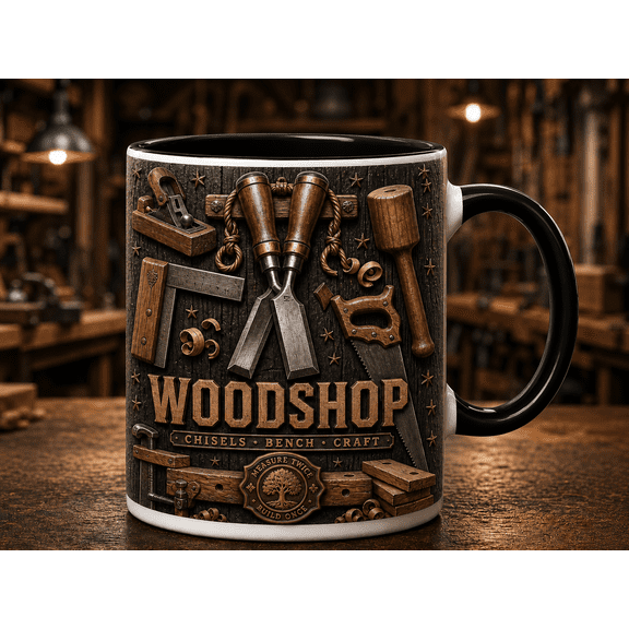 Woodshop Mug 3D Effect with Chisels and Woodworking Bench Tools Gift