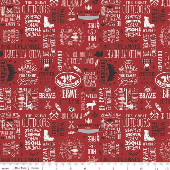 Woodsman Text Red Cotton Fabric