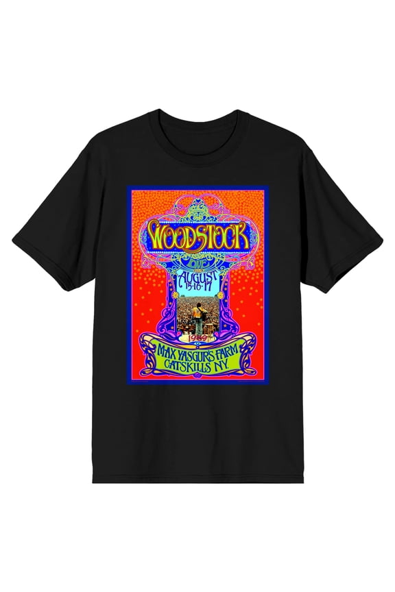 Woodstock August 15-17 Max Yasgurs Farm Men's Black Short Sleeve Crew Neck Tee-Large