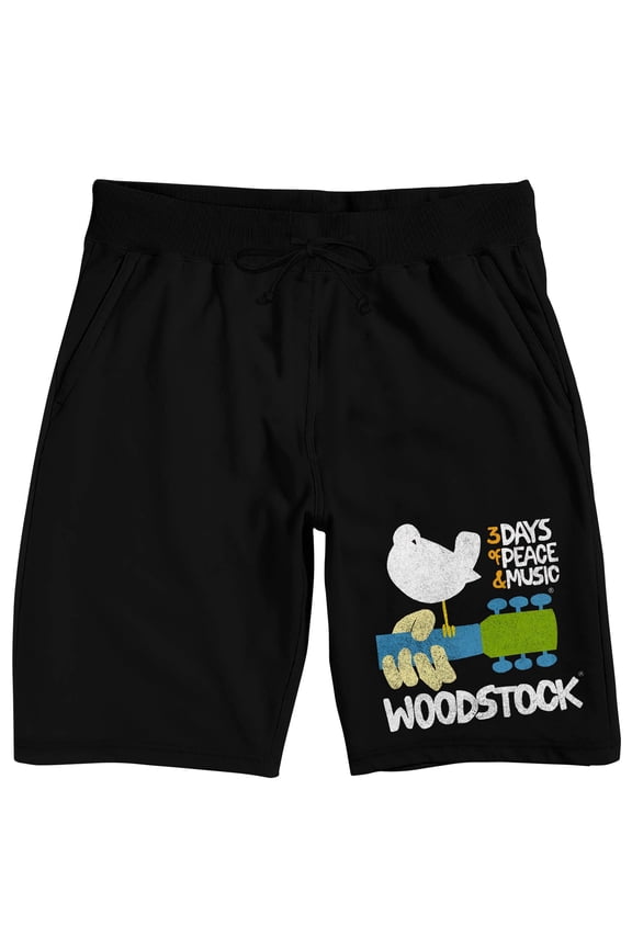 Woodstock Bird and Guitar Logo Men's Black Lounge Shorts-3XL
