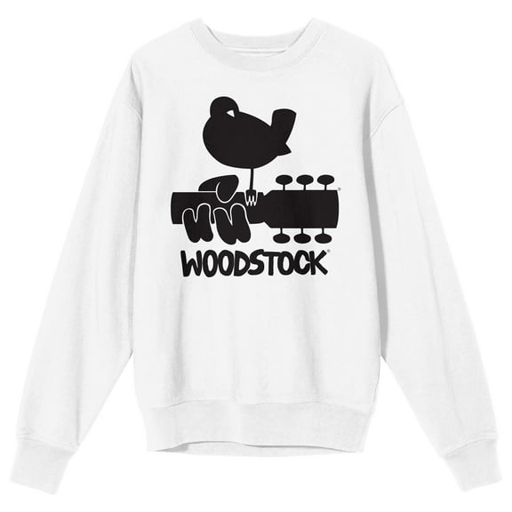 Woodstock Bird and Guitar Silhouette Logo Men's White Crew Neck Sweatshirt-3XL
