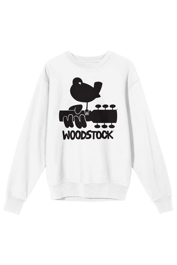 Woodstock Bird and Guitar Silhouette Logo Men's White Crew Neck Sweatshirt-XXL