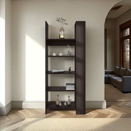TUHOME Woodstock 4-Shelf Bookcase, 67.3" Tall Slim Freestanding Book Shelf, Stained Walnut