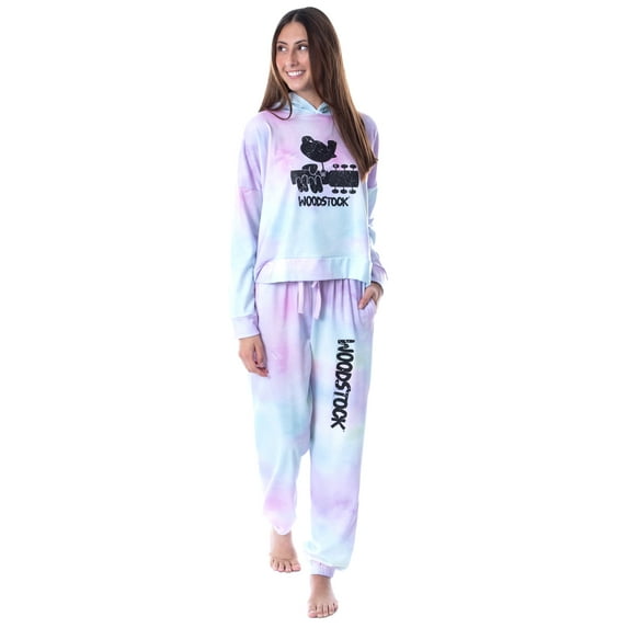 Woodstock Classic Logo Tie Dye Womens' Pajama Cropped Hooded Jogger Set