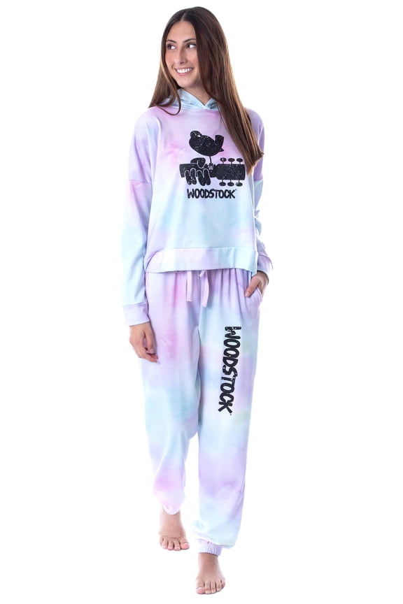 Woodstock Classic Logo Tie Dye Womens' Pajama Cropped Hooded Jogger Set