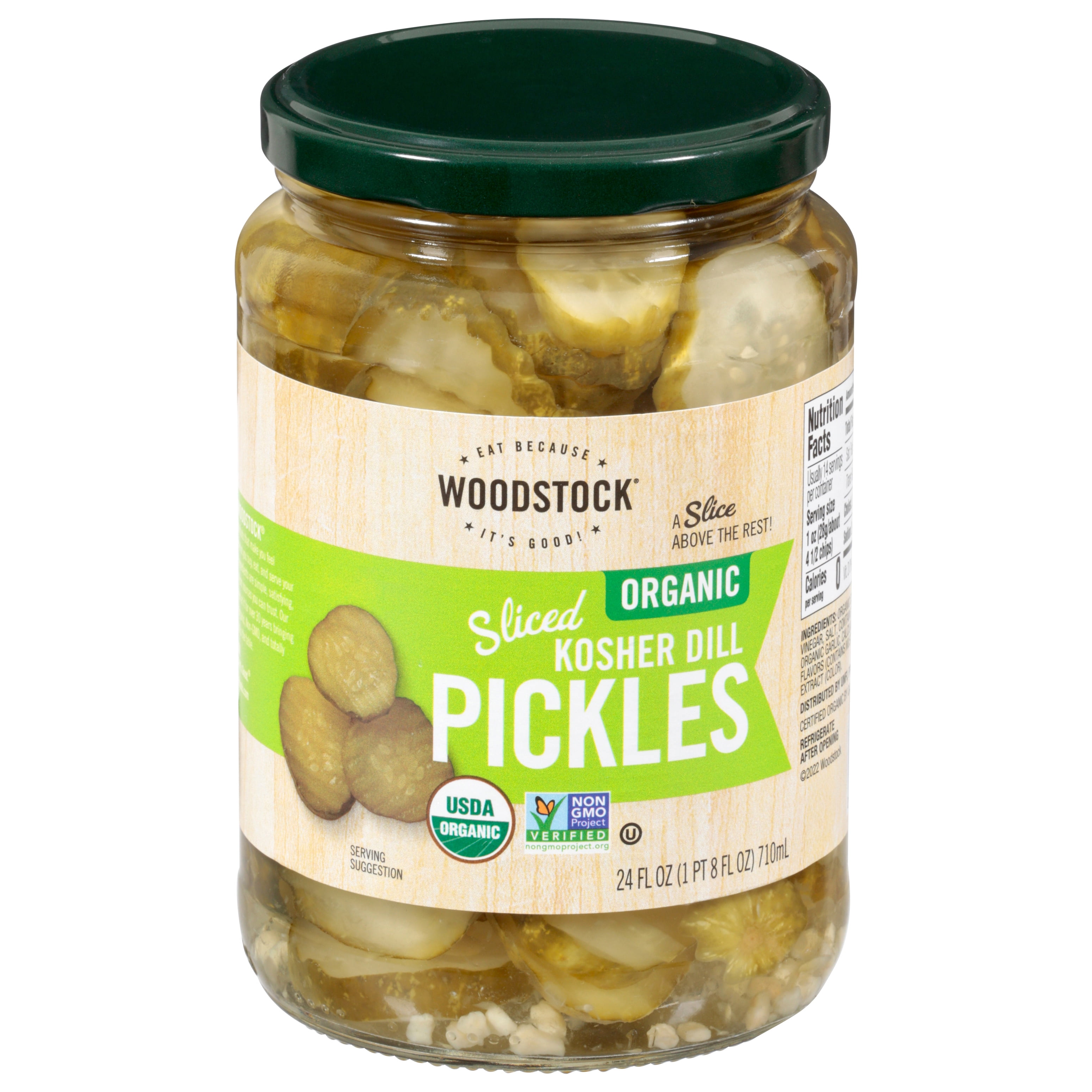 Woodstock Foods Organic Sliced Kosher Dill Pickles, 24 fl oz Jar, Serving Size 4.5 Pieces, Servings Per Container 14