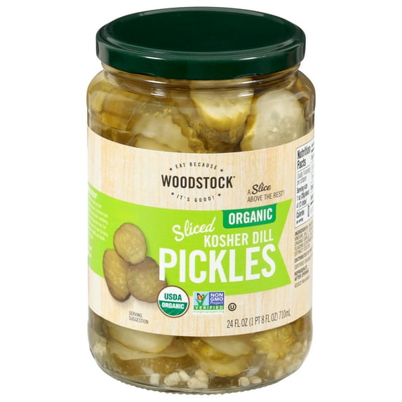 Woodstock Foods Organic Sliced Kosher Dill Pickles, 24 fl oz Jar, Serving Size 4.5 Pieces, Servings Per Container 14