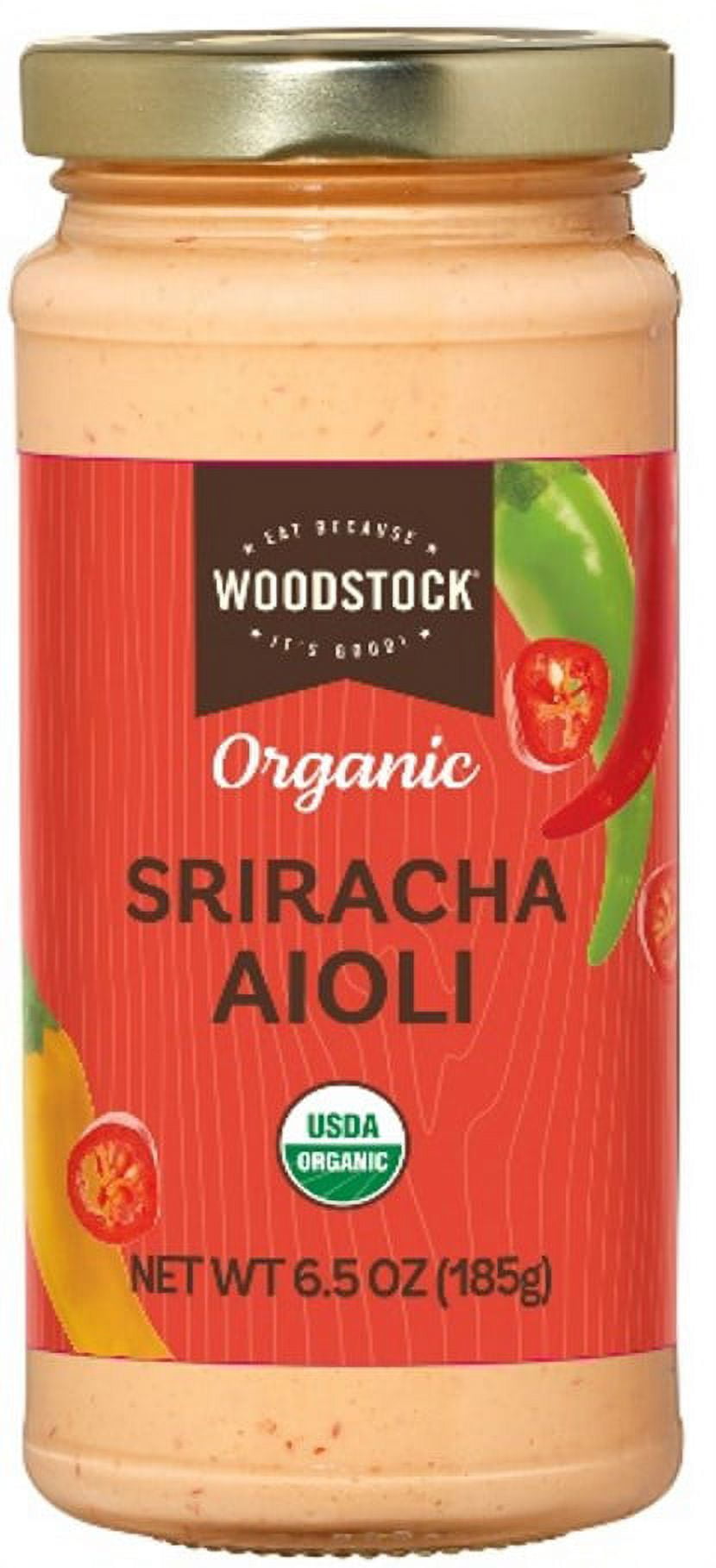Woodstock Foods Organic Sriracha Aioli, 6.5 oz Jar, Allergens Not Contained.