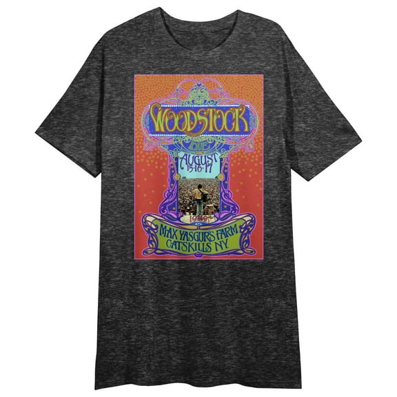 Woodstock Logo Women's Black Heather Night Shirt With Short Sleeves And Crew Neck-Medium
