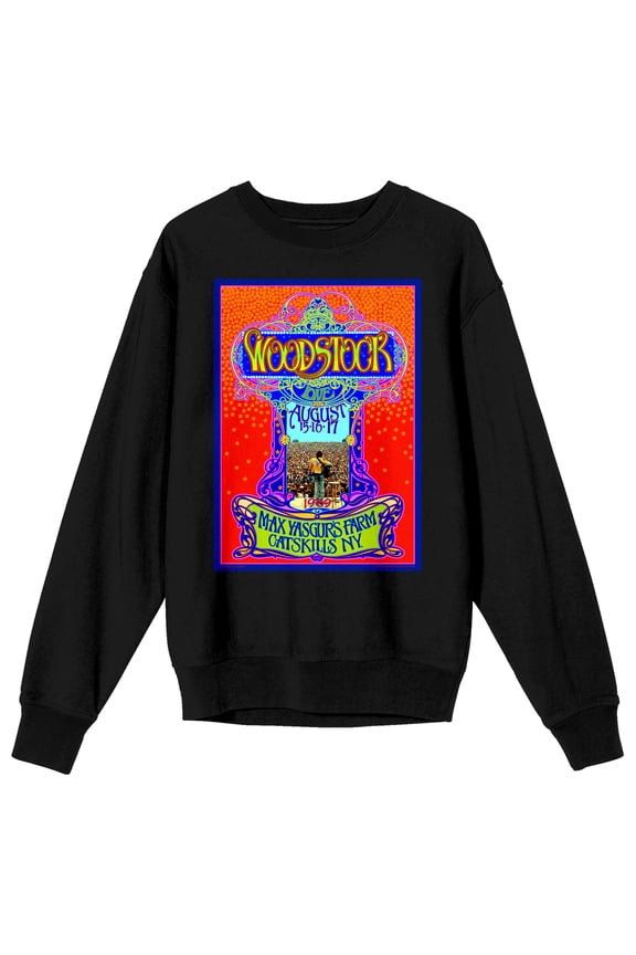 Woodstock Max Yasgur's Farm Vintage Concert Poster Crew Neck Long Sleeve Black Adult Sweatshirt-3XL