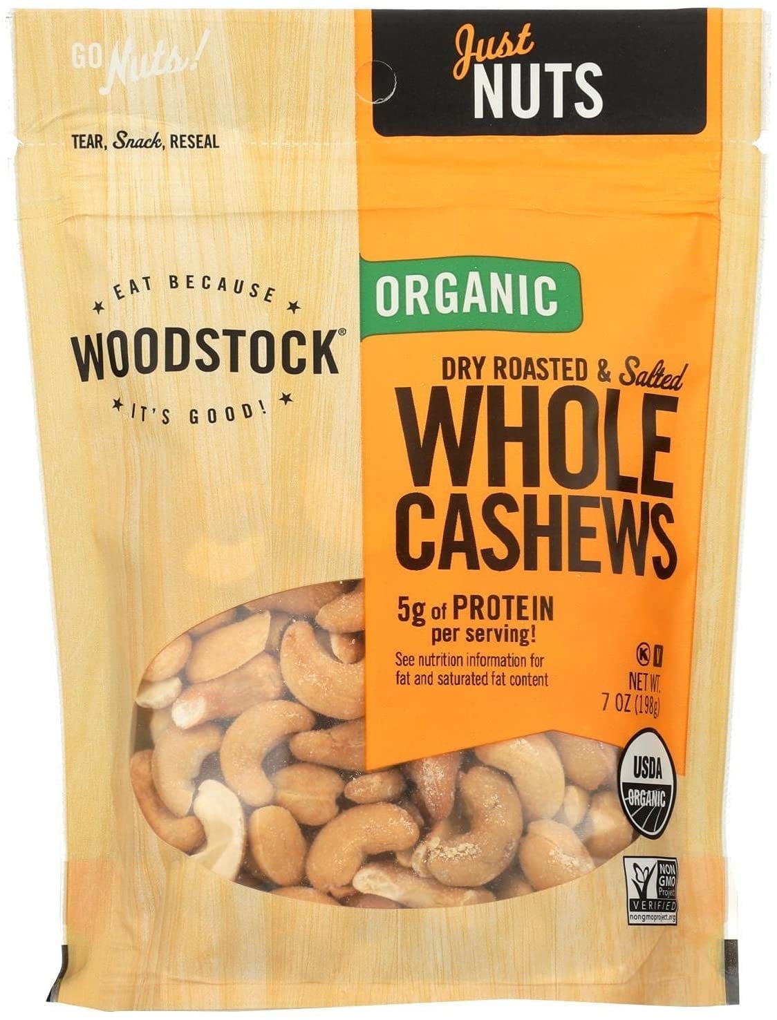 Woodstock Organic Dry Roasted and Salted Whole Cashews -- 7 oz Pack of 2