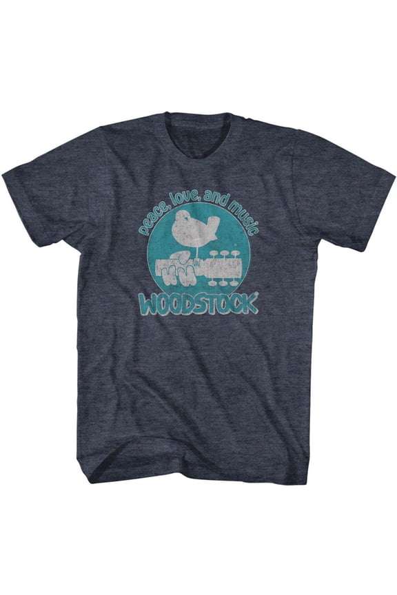 Woodstock Peace Love and Music Navy Heather Adult T-Shirt
