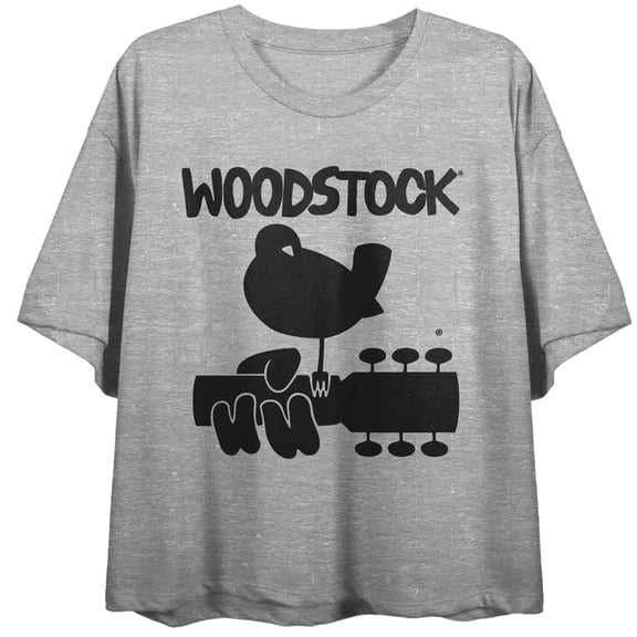 Woodstock Single Color Logo Women's Heather Gray Crop Tee with Short Sleeves and Crew Neck-XS