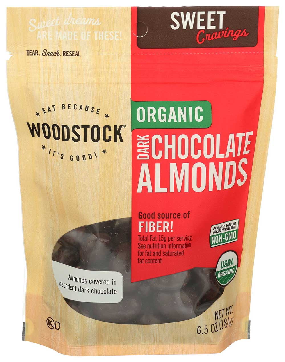 Woodstock Snacks - Organic - Dark Chocolate Almonds - Sweet And Crunchy - 6.5 Oz - Case Of 8
