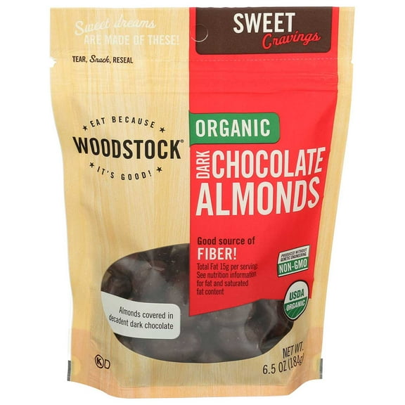 Woodstock Snacks - Organic - Dark Chocolate Almonds - Sweet And Crunchy - 6.5 Oz - Case Of 8