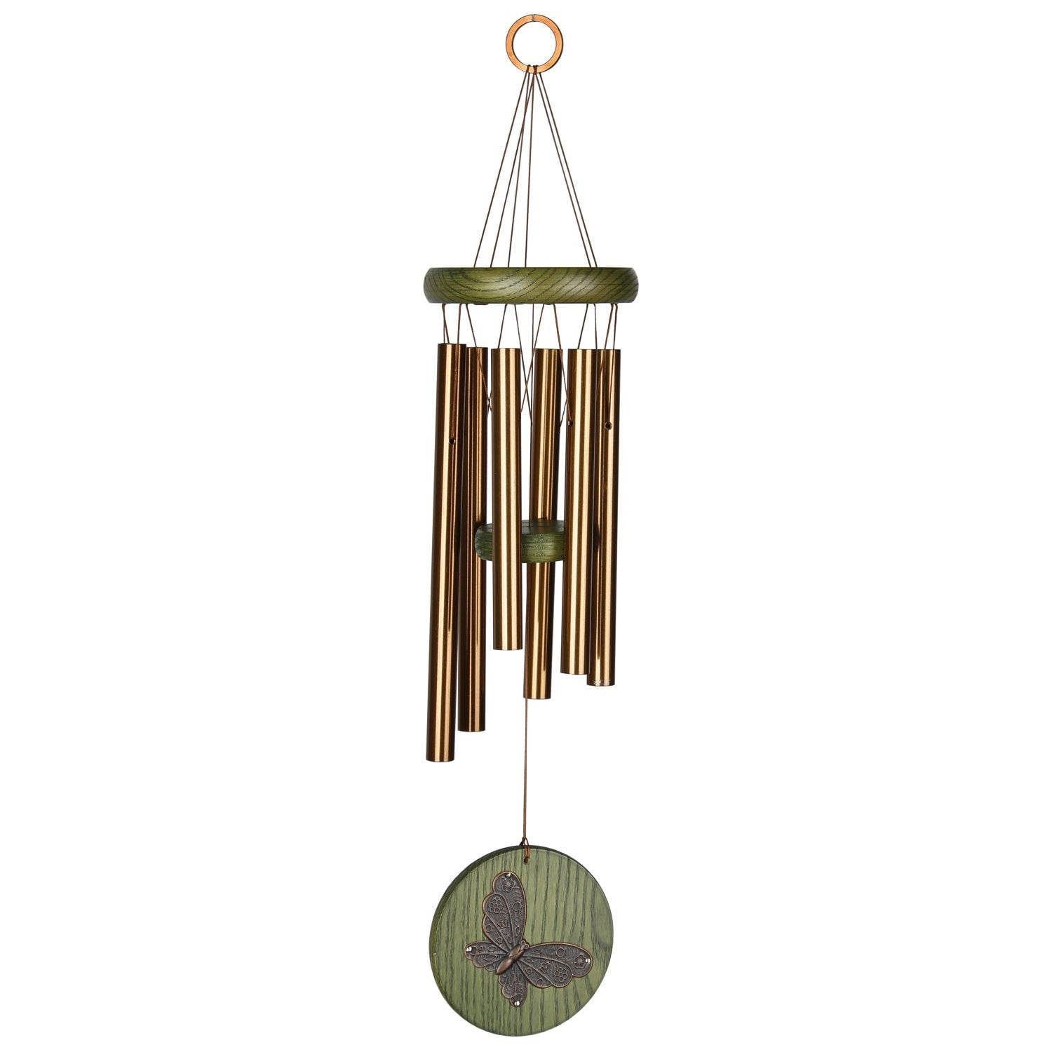 Green and Brass Butterfly Wind Chime with Wooden Accents