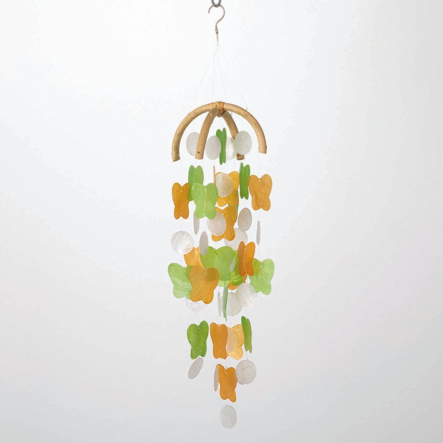Handcrafted Butterfly Capiz Wind Chime in Patina Green and Marigold