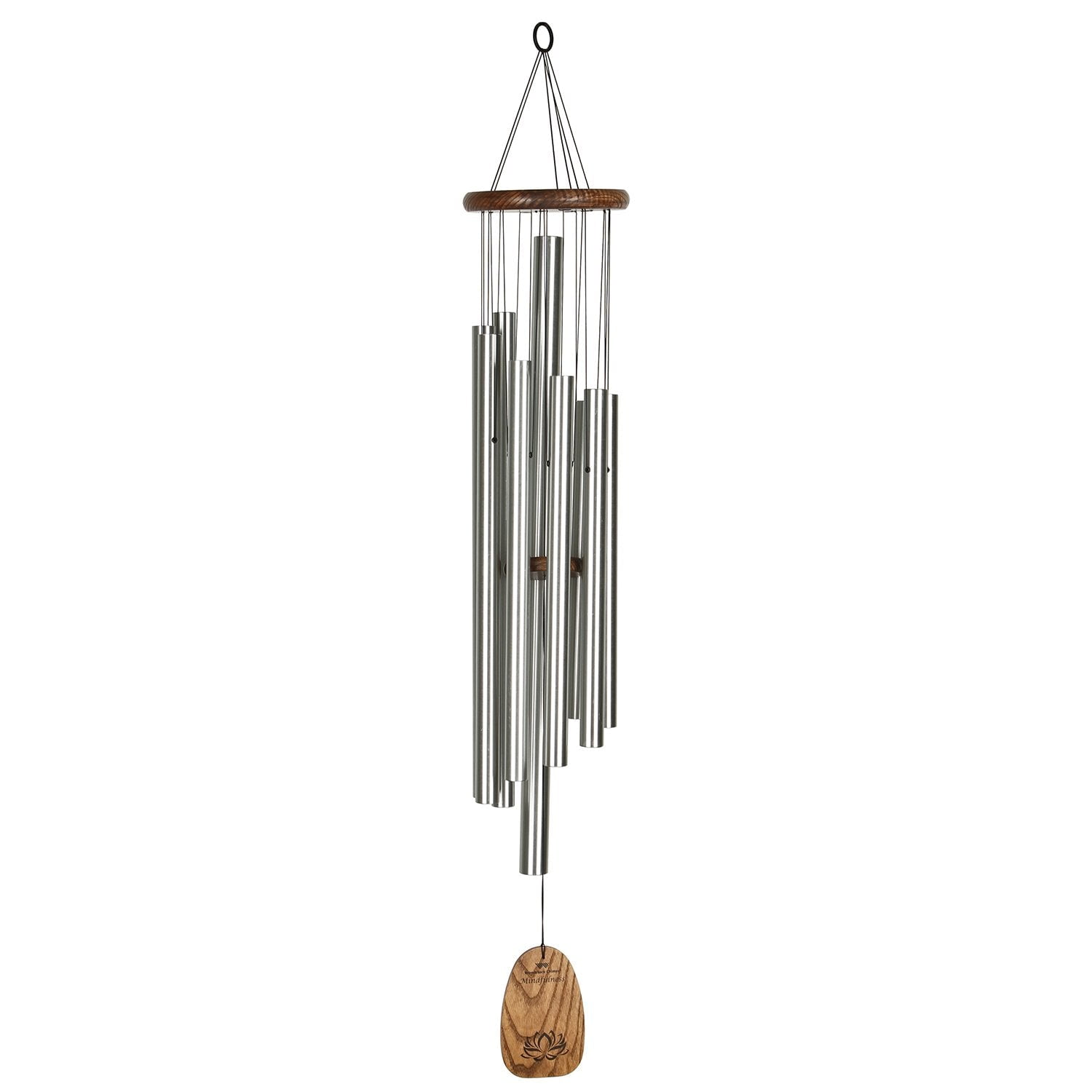 Teak Finish Ash Wood and Silver Aluminum Mindfulness Wind Chime, 44"
