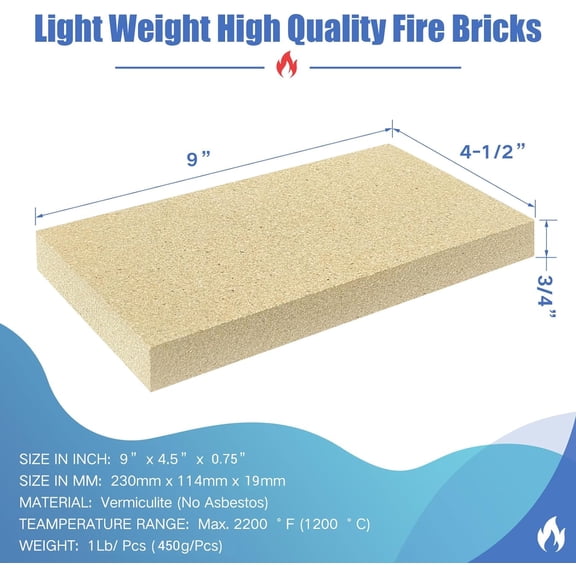 Woodstove Firebricks, Fire Bricks, Size 9" X 4-1/2" X 3/4", High Temperature Resistant Fire Bricks Replacement for Wood Stoves, 12 Pieces