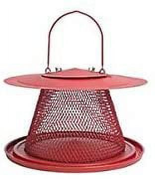 Red Metal Hanging Bird Feeder with Mesh Design