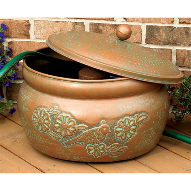Copper and Green Patina Embossed Bird Hose Holder with Lid